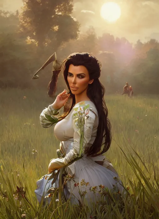 Image similar to Kim Kardashhian as a elf on a beautiful meadow, morning, art by Artgerm and Greg Rutkowski and Alphonse Mucha and miro manara, unreal 5, DAZ, hyperrealistic, octane render, RPG portrait, ambient light, dynamic lighting