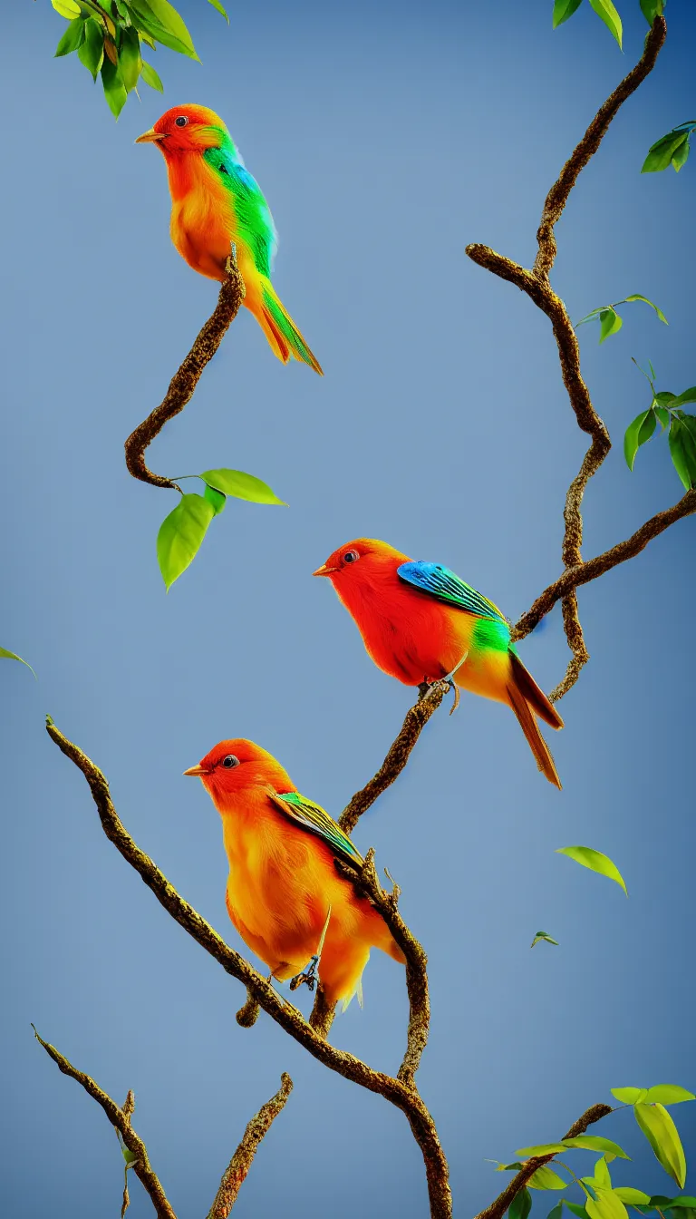 Image similar to highly detailed photo of beautiful colorful bird sitting on small tree, hyper realistic, concept art, 8 k detail post - processing