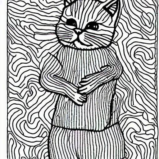 Prompt: Coloring page of cute kitten knitting