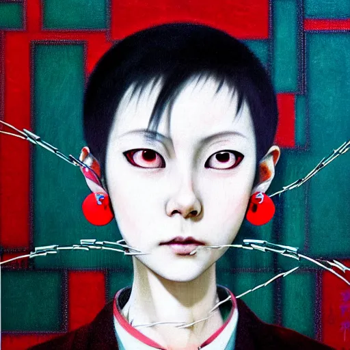 Image similar to yoshitaka amano blurred and dreamy realistic three quarter angle portrait of a sinister young woman with short hair, big earrings, barbed wire and red eyes wearing office suit with tie, junji ito abstract patterns in the background, satoshi kon anime, noisy film grain effect, highly detailed, renaissance oil painting, weird portrait angle, blurred lost edges