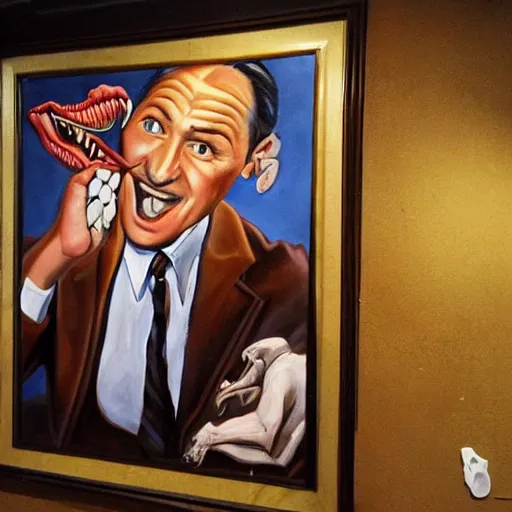 Image similar to beautiful lifelike painting of gene kelly demanding a refund on undercooked overpriced dinosaur steak in downtown dive bar bistro, hyperreal detailed facial features and uv lighting, ascii art by ed roth and basil wolverton