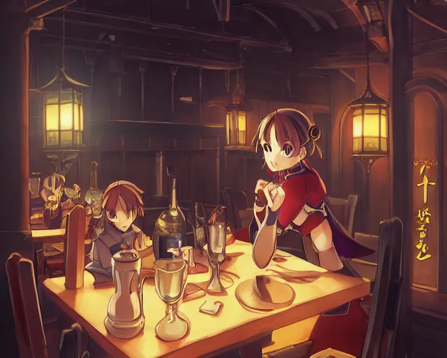 Image similar to anime visual, portrait of a young female in a busy fantasy medieval tavern interior at night, face by yoh yoshinari, murata range, last exile, blue submarine no 6, dynamic pose, dynamic perspective, detailed silhouette, rich texture, seven deadly sins anime, flat, anime cels, matte color, flat lighting on face, rounded eyes