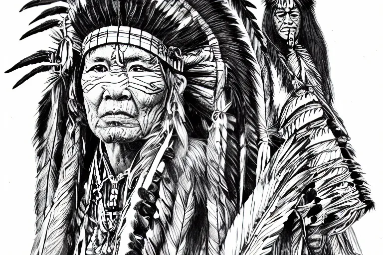 Prompt: strong native americans, beautiful line art, ink illustration, sketch, pure b&w