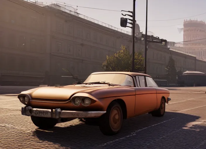 Image similar to hyperrealistic matte painting of gta game in moscow, 1 9 6 0, playstation 5 screenshot, man in adidas, mega details, golden hour, beautiful rtx reflections, soviet suburbs, photorealistic, unreal engine 5, octane render, volumetric light, featured on cg society, 4 k, 5 0 mm bokeh, russian lada car, artstation