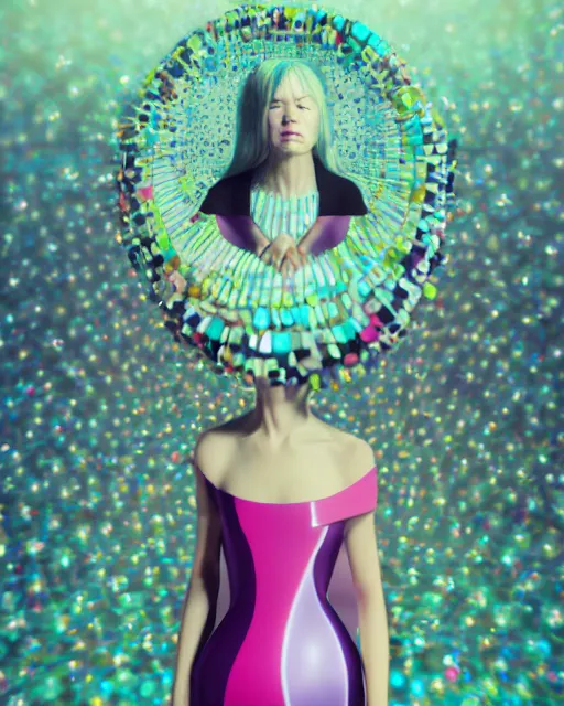 Image similar to A portrait of a woman with a dress designed by Takashi Murakami, fashion art by beeple