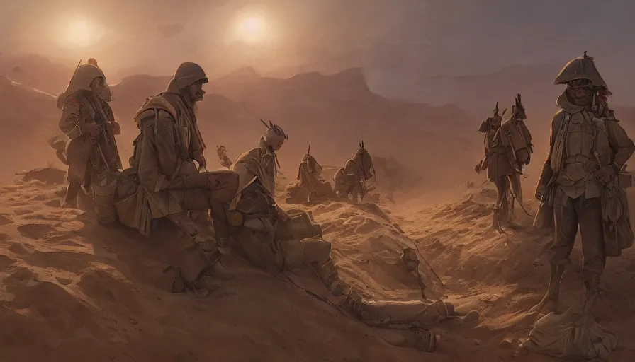 Image similar to beautiful digital painting of a group of barley surviving soldiers in a trench waiting for the war to end, in the sahara desert. cinematic lighting, atmospheric, concept art by artgerm and greg rutkowski,,