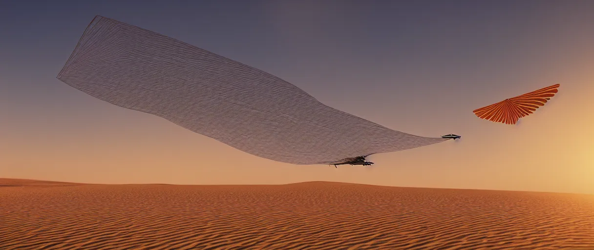 Image similar to an ornithopter on dune, sand worms in the background, light orange sunset, volumetric light, hdr, 8 k, bokeh designed by moebius kow yokoyama