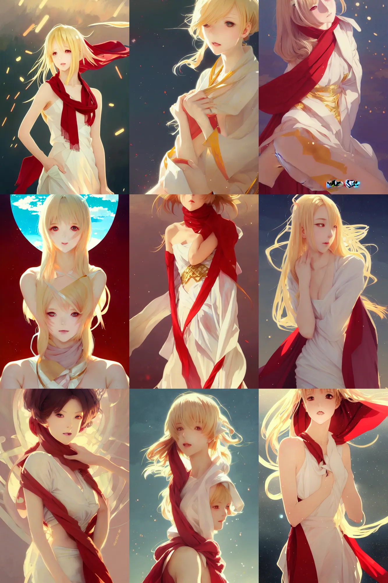 Prompt: anime girl of the future, light gold hair, splendid white artistic art deco dress, red scarf, plethora of triangles, body portrait, slight smile, windy, highly detailed, digital painting, artstation, concept art, sharp focus, illustration, art by WLOP and greg rutkowski and alphonse mucha and artgerm and yanjun chen