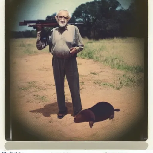 Image similar to old! polaroid photo of an old man! holding a rifle and standing on top of a giant capybara! sleeping