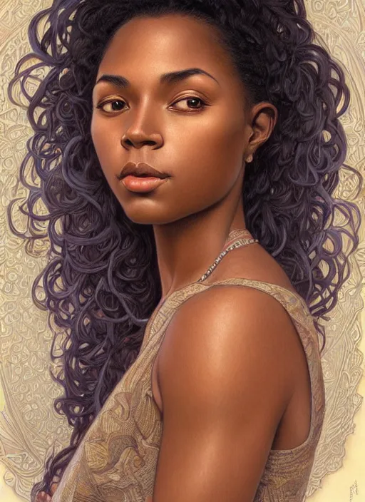 Image similar to beautiful african american young woman, head and shoulders portrait, intricate, elegant, highly detailed, centered, digital painting, artstation, concept art, smooth, sharp focus, illustration, art by artgerm and donato giancola and alphonse mucha