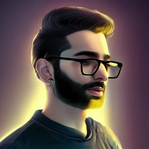 Prompt: electric ducktail bearded young middle eastern american male with black wayfarer glasses, cute - fine - face, pretty face, oil slick hair, realistic shaded perfect face, extremely fine details, realistic shaded lighting, dynamic background, artgerm, 8 k ultra realistic, highly detailed, octane render, ivan aivazovsky