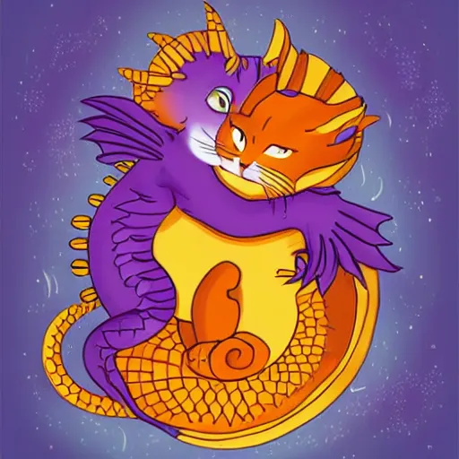 Prompt: small cute purple dragon, the dragon is hugging an orange tabby cat, fantasy, cozy