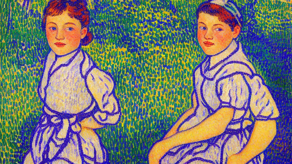 Prompt: A decent young girl portrait by Paul Signac.