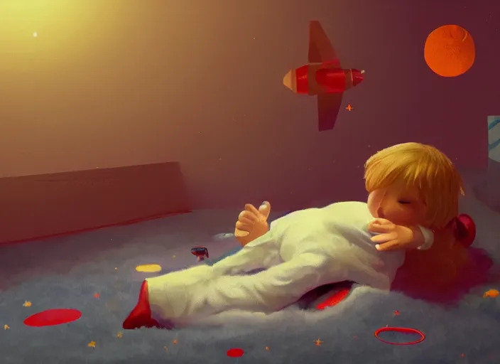 Image similar to toddler elon musk lying on a fluffy rug playing with his space rockets, digital painting, painterly, soft cinematic lighting, artstation