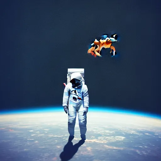 Image similar to an astronaut standing on the ground and a small trippy aggressive centaur standing on that poor standing on all - fours astronaut, trying to ride it the horse is on his shoulders minimalist style, 3 d render, isometry