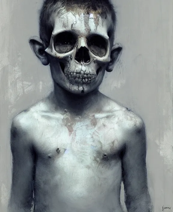 Image similar to a boy wearing a skull by jeremy mann