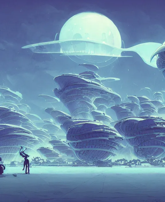 Image similar to simplicity, three buildings made out of nautilus, in the style of a spaceship, skeletons, partly cloudy, spooky, dramatic lighting, by geof darrow, bill sienkiewicz, dan mumford, yusuke murata, makoto shinkai, ross tran, cinematic, unreal engine, cel shaded, featured on artstation, pixiv