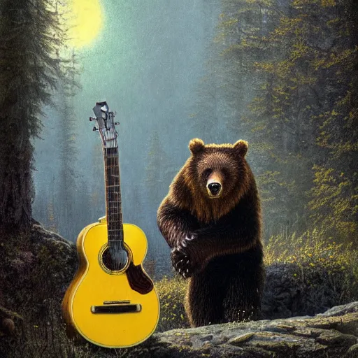 Prompt: Realistic brown bear playing Lenny Kravitz's yellow guitar, by Antonio Caparo and Ferdinand Knab and Greg Rutkowski UHD photorealistic trending on artstation