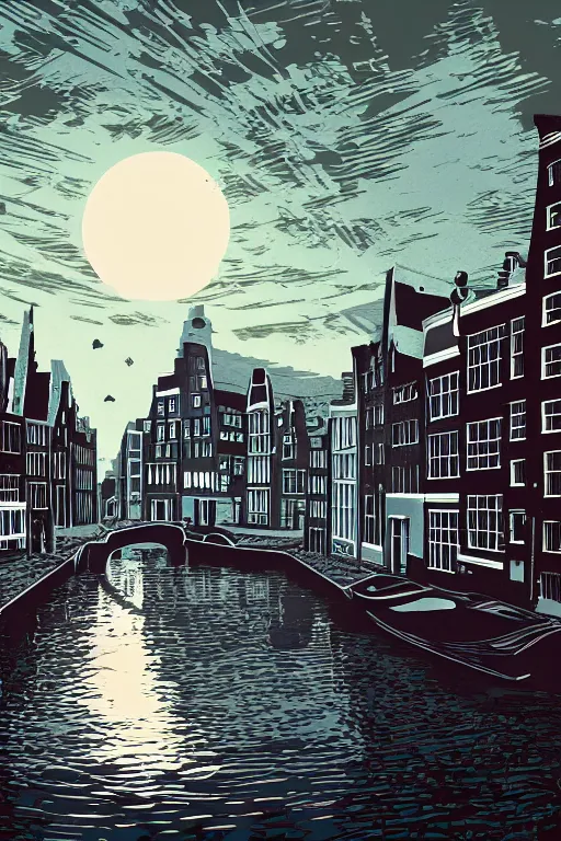 Prompt: a beautiful sergio sanchez santamaria linocut print of amsterdam, 8 k, frostbite 3 engine, cryengine, dof, trending on artstation, digital art, crepuscular ray