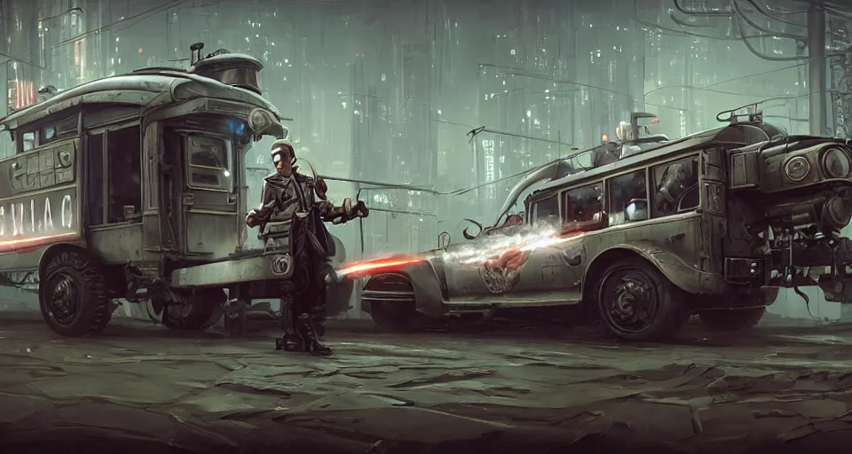 Prompt: a highly detailed epic cinematic concept art CG render digital painting artwork scene: retrofuturistic 1920s cyberpunk steampunk soviet police patrol car inspired by a locomotive emitting smoke. By Greg Rutkowski, Ilya Kuvshinov, WLOP, Stanley Artgerm Lau, Ruan Jia and Fenghua Zhong, trending on ArtStation, made in Maya, Blender and Photoshop, octane render, excellent composition, cinematic dystopian brutalist atmosphere, dynamic dramatic cinematic lighting, aesthetic, very inspirational, arthouse