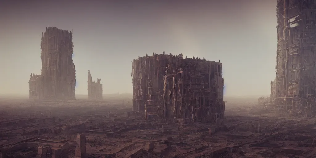 Image similar to tower!!!!!!!!, towers!!!!!!!!, derelict, tall, ancient, atmospheric, beautiful, concept art, desert, civilisation, artstation, hazy, matte painting, highly detailed, volumetric lighting, rays, moody, golden hour, dawn, octane render, digital art, global illumination, city, burning