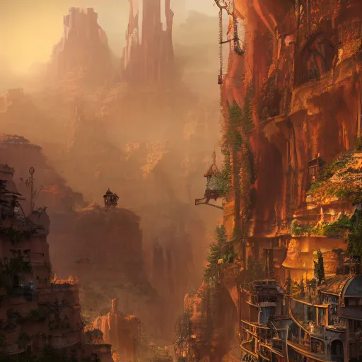 Image similar to an intricate steampunk village in a glorius canyon, morning light, moebius, zeen chin, landscape, cinematic, matte painting, high definition, 8 k, artstation