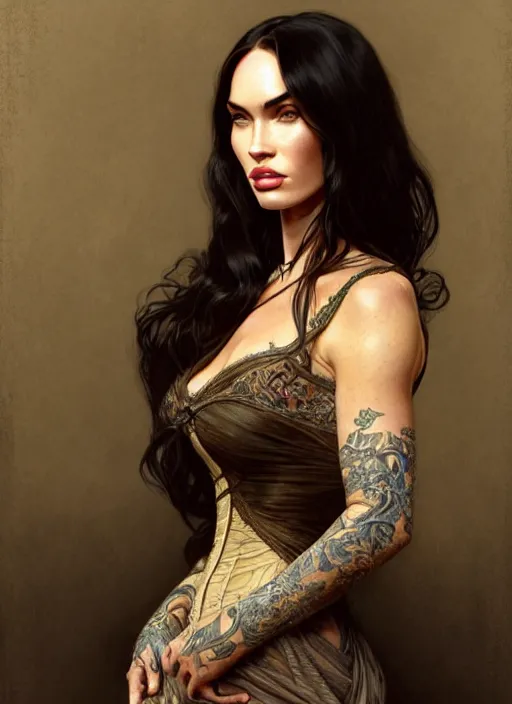 Image similar to portrait of megan fox in victorian dress, 1 8 9 0, intricate, headshot, highly detailed, digital painting, artstation, concept art, sharp focus, cinematic lighting, illustration, art by artgerm and greg rutkowski, alphonse mucha, cgsociety