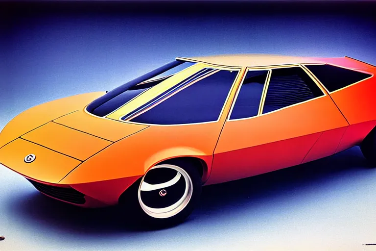 Image similar to designed by giorgetto giugiaro stylized poster of a single 1 9 6 9 amc amx / 3 citroen ds bmw m 1 concept, thick neon lights, ektachrome photograph, volumetric lighting, f 8 aperture, cinematic eastman 5 3 8 4 film