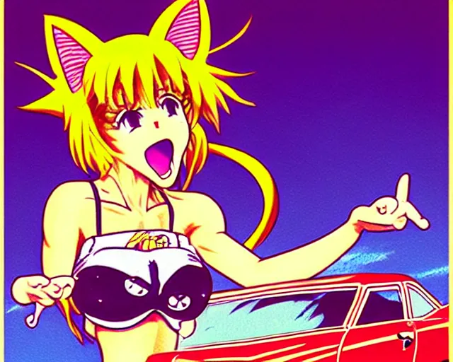 Prompt: high - quality anime catgirl in ratfink style by ed roth, crazy bulging eyes janky teeth riding in a hot rod, road rage, inspired by naoko takeuchi 8 0 s bishoujo anime, vhs filter