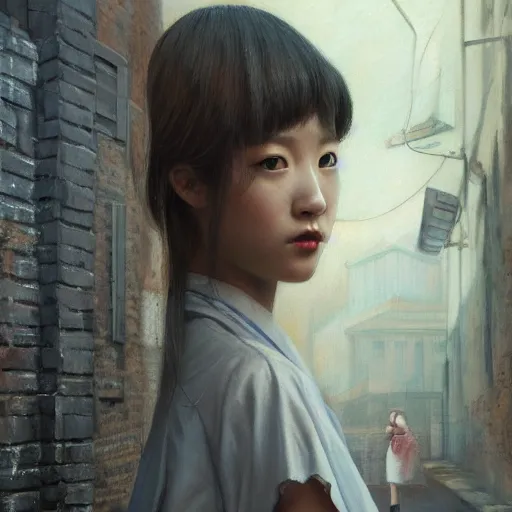 Prompt: a perfect, realistic professional oil painting in Italian renaissance style, of a Japanese schoolgirl posing in a dystopian alleyway, close-up, by a professional American senior artist on ArtStation, a high-quality hollywood-style concept