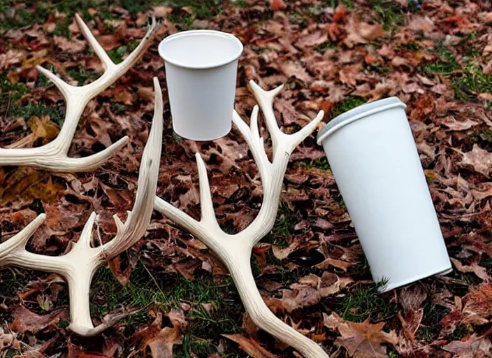 Prompt: a large styrofoam cup with four point antlers growing out of it, photography, high definition