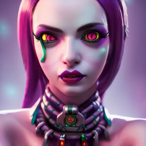 Image similar to Portrait of Jinx from league of legends, anger, mystery, fear, highly detailed, ominous vibe, smoke, octane render, cgsociety, artstation, trending on ArtStation, by Marie Magny