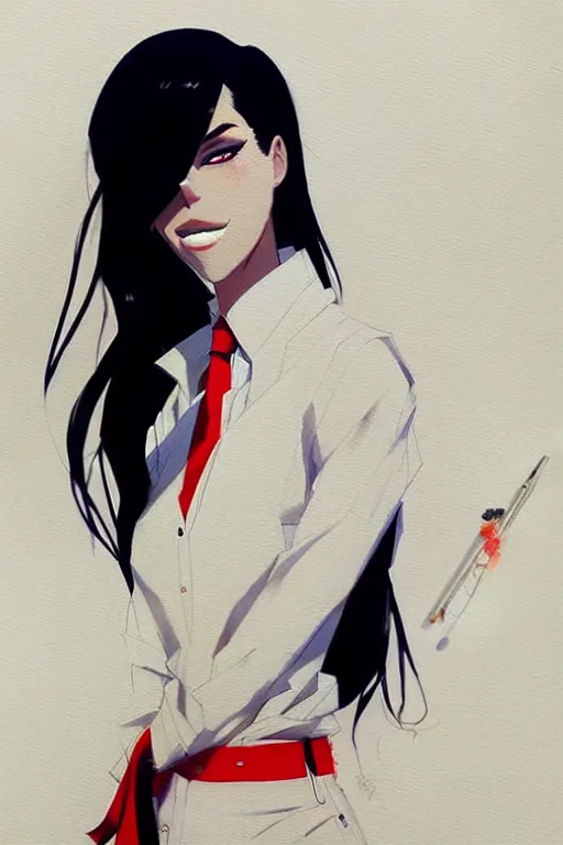 Image similar to a ultradetailed beautiful panting of a stylish woman, she is wearing a white shirt with a tie and black pants, by conrad roset, greg rutkowski and makoto shinkai trending on artstation