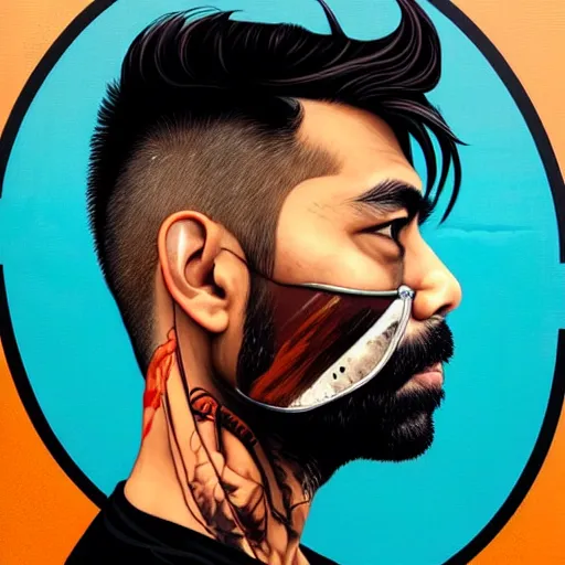 Image similar to side profile of a brown asian man :: side profile :: oxygen mask :: blood and ocean intricate details :: 8k :: by vikings and Sandra Chevrier