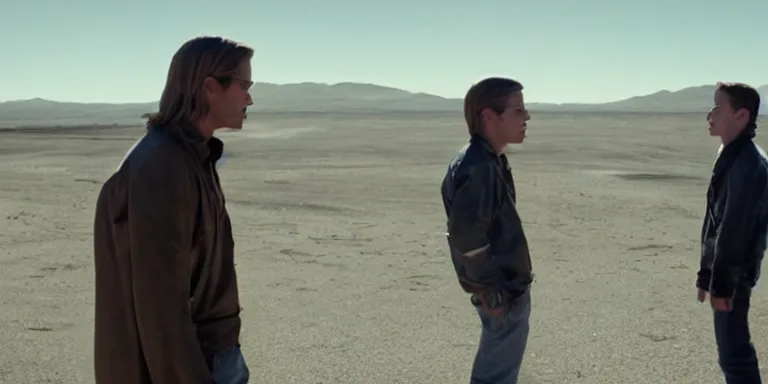 Prompt: still frame from a movie, medium shot of two men, young brad pitt on the right arguing with george clooney on the left, sci-fi, rule of third, alexa 65, cooke prime 50mm, cinematic, film grain, flare