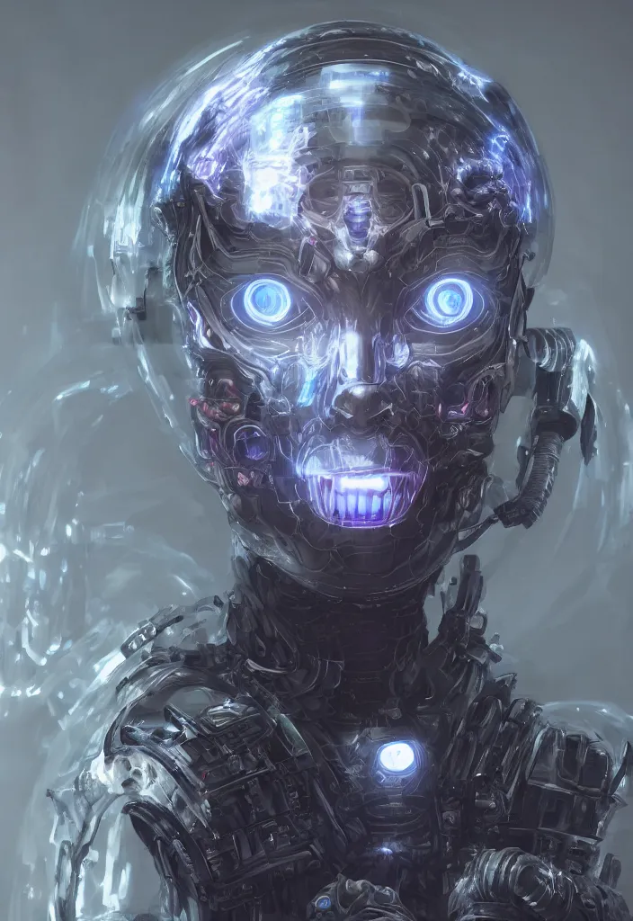 Prompt: a portrait of a benevolent android necromancer, aura of light, friendly, artificial intelligence, scifi, futuristic, highly detailed, trending on artstation, advanced technology, art by vitaly bulgarov and nivanh chanthara and lance wilkinson