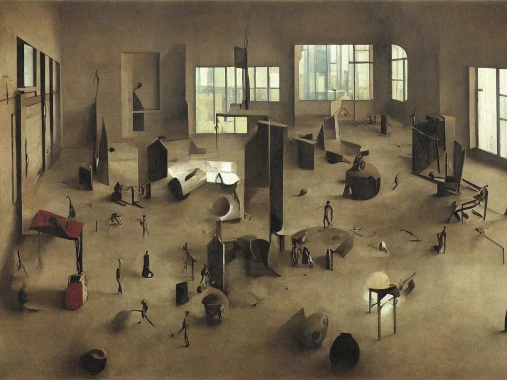 Prompt: Brutalist interior of an crazy imaginative sculptor studio. Painting by Vilhelm Hammershoi, Yves Tanguy