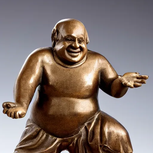 Image similar to an ancient statuette of a dancing danny devito, beautiful, priceless, hd, bejeweled, studio photography