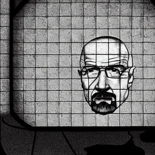 Prompt: Walter white hiding in a sewer, dark, unlit