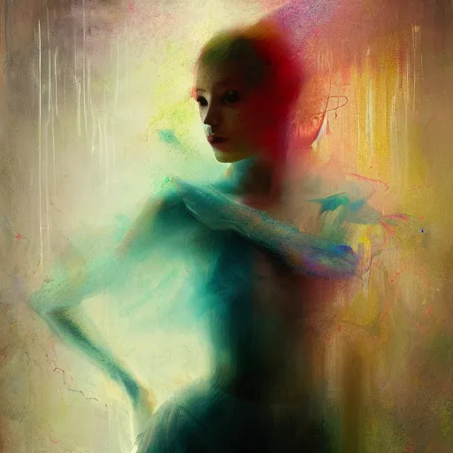 Image similar to ballet dancer by cy Twombly and BASTIEN LECOUFFE DEHARME, colorful, iridescent, volumetric lighting, abstract