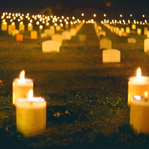 Prompt: film photography film photography of a Mexican cemetary at night, lit with candles, Leica M6, cinestill 800, Noctilux 50mm