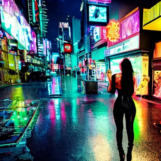 Image similar to cyberpunk megan fox, standing on a cyberpunk street at night, streets are lit with neon lights