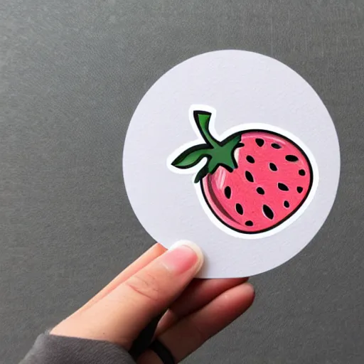 Image similar to hand holding cartoon diecut sticker of cute kawaii watermellon slice with white border and light gray background