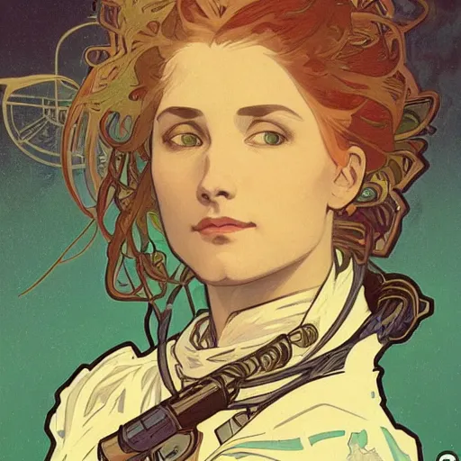 Image similar to a beautiful portrait of a space bounty hunter by Alphonse Mucha trending on Artstation