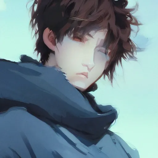 Prompt: portrait of a feminine teenage boy with brown hair and blue eyes, wearing an oversized sweater, dramatic lighting, anime illustration by Greg rutkowski, yoji shinkawa, 4k, digital art, concept art, trending on artstation, アニメ, featured on pixiv