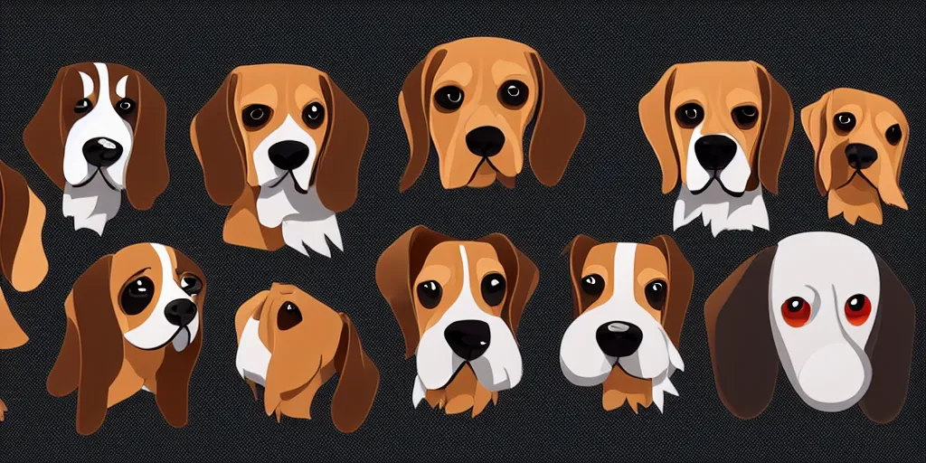 Prompt: game asset of unique beagle heads on black background, organic, disney animation color palette, smooth vector lines, toon shading, 5 colors, solid colors, flat 2 d design, 2 d sprites, 8 k, close up