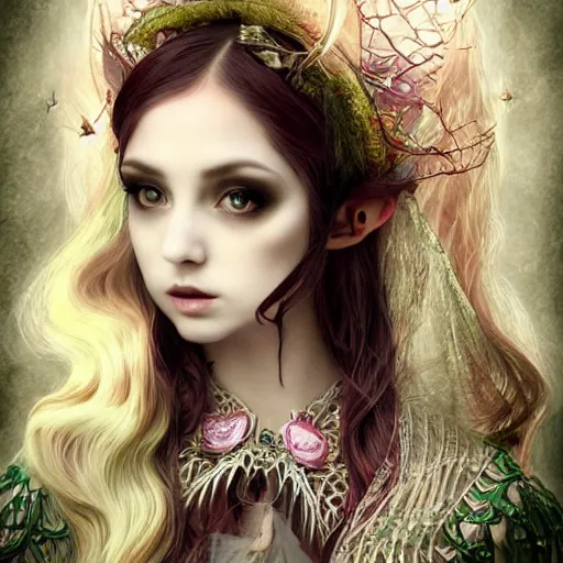 Image similar to Ethereal, mysterious stunning maximalist mesmerizing elven girl with elf ears from the rainbow sky paradise, high-tech, professional high fashion model photo shoot for Victorian gothic lolita fashion, hyperdetailed by Mark Ryden, artgerm, Hiroyuki-Mitsume Takahashi, WLOP, Goto Fujita, 奈良美智, Pixiv 3DCG, DAZ Studio, close-up 35mm macro shot, hyperrealism, 8k resolution 3D, cinematic, dynamic lighting, octane render, unreal engine 5