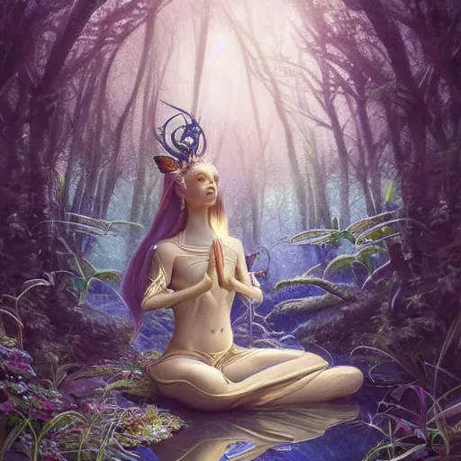 Prompt: elven princess meditating in forest, magical flowers, surrounded by fairies, beautiful face, wisps, surreal, surrealist art, digital art, trending on artstation, ultra detailed, intricate, sacred geometry, serene, beautiful, photo, realistic, perfect, smooth, moebius, by moebius, peter mohrbacher