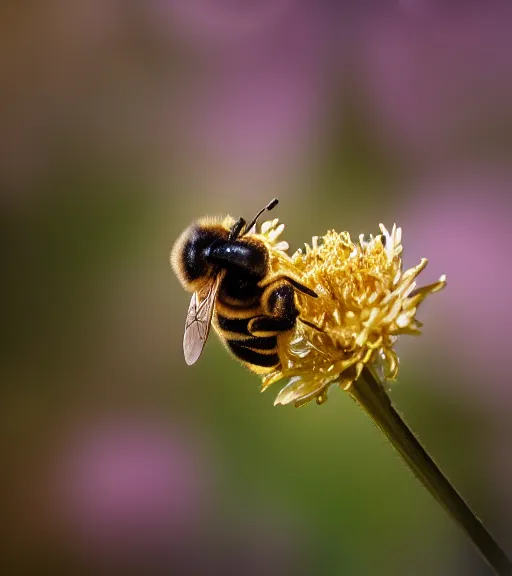 Image similar to super macro photo of a bee made of gold on a flower in a forest. dof. bokeh. magical atmosphere. art by greg rutkowski. lifelike. very detailed 8 k. intricate. soft light. nikon d 8 5 0.