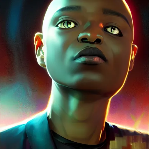 Image similar to bald afro - cyberpunk man manifesting dreams with ancestral magic in a modern world | hyperrealistic oil painting | by makoto shinkai, ilya kuvshinov, lois van baarle, rossdraws, basquiat | afrofuturism, in the style of surrealism, trending on artstation | dark color scheme